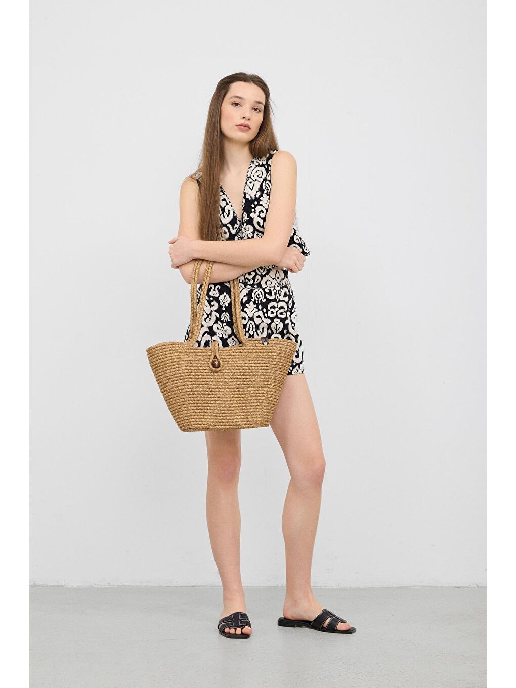 Bej Vossa Handmade Düğmeli Hasır Omuz Çantası Vizon-3