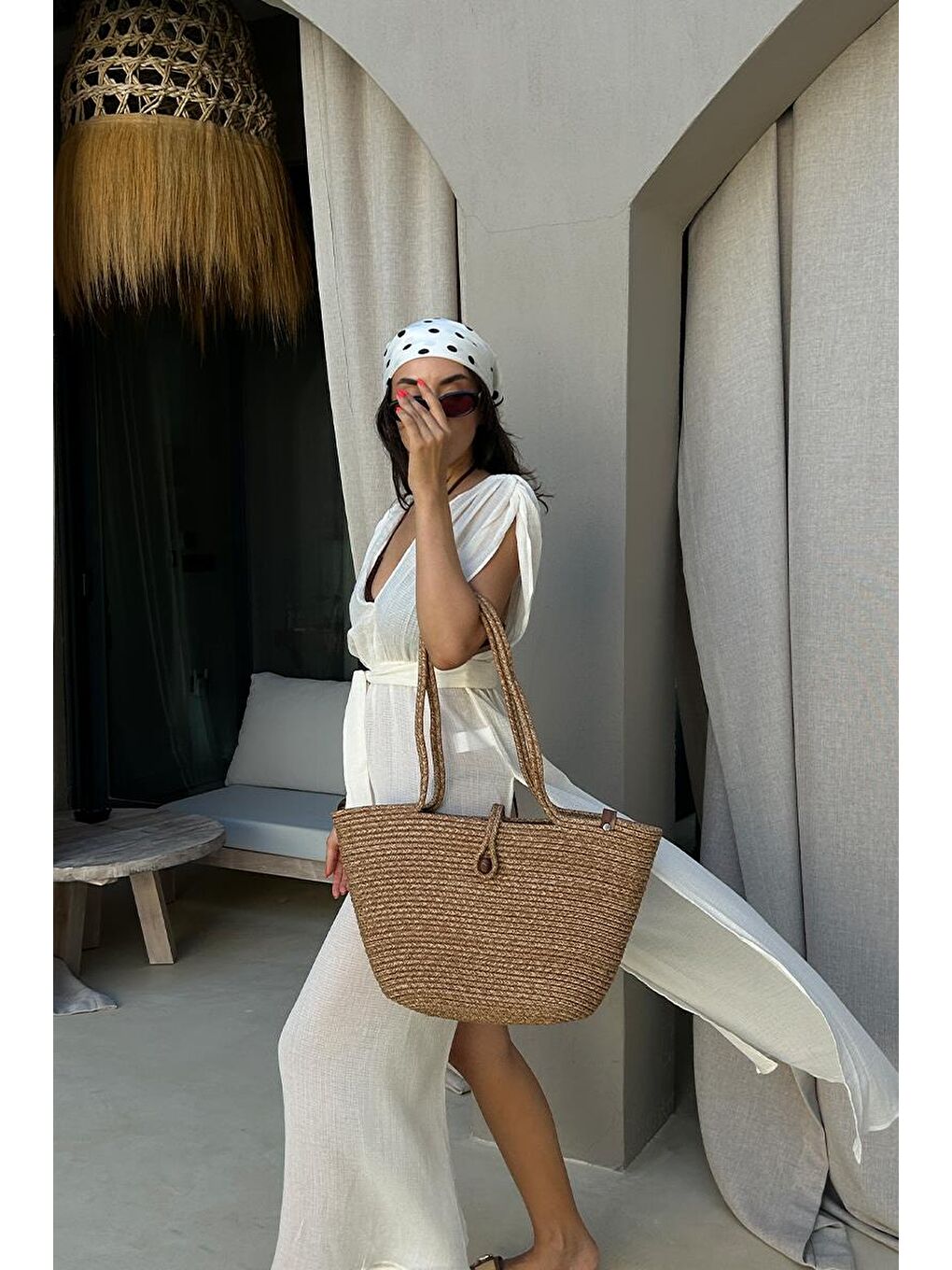 Bej Vossa Handmade Düğmeli Hasır Omuz Çantası Vizon-4