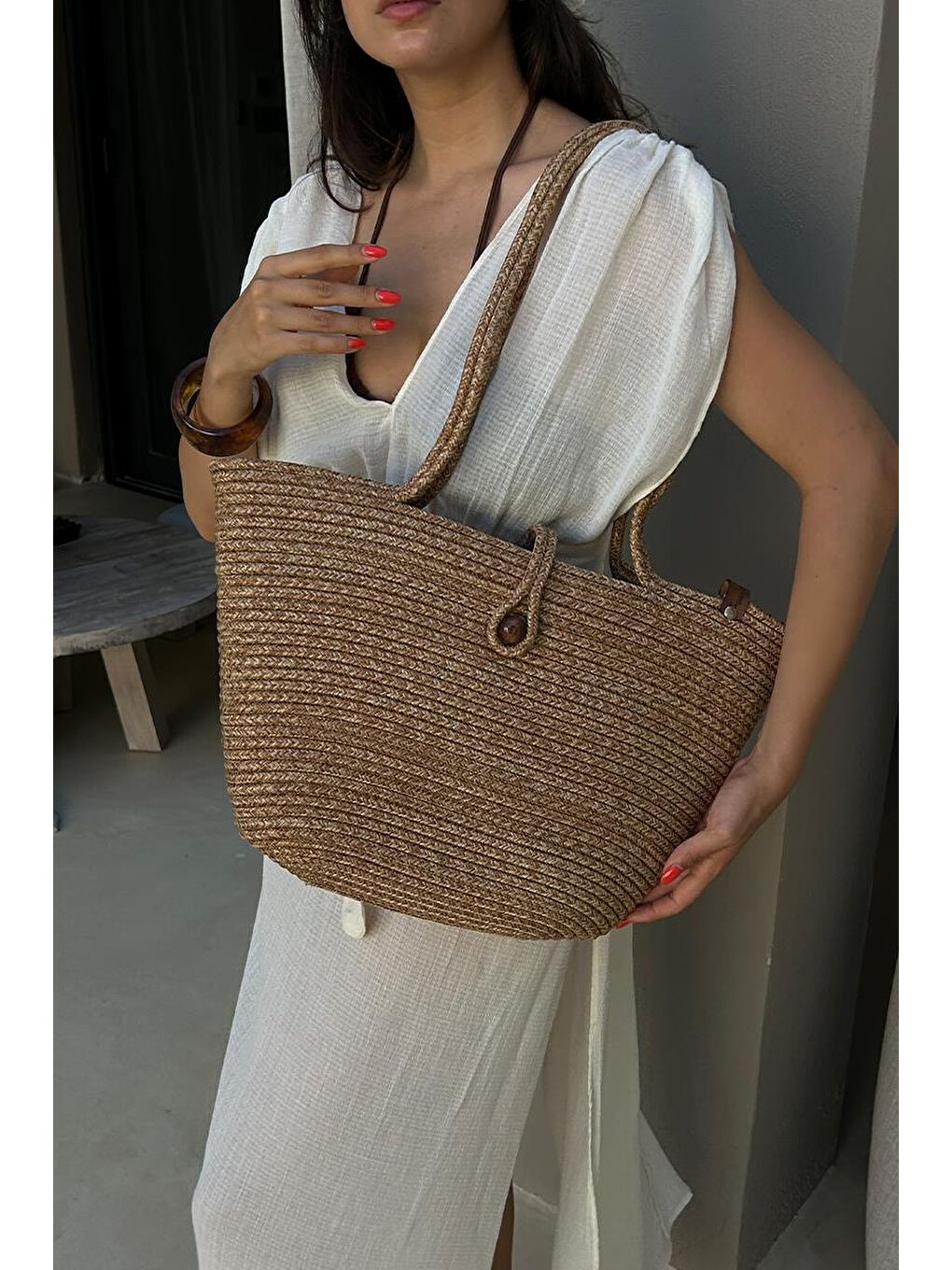 Bej Vossa Handmade Düğmeli Hasır Omuz Çantası Vizon-5