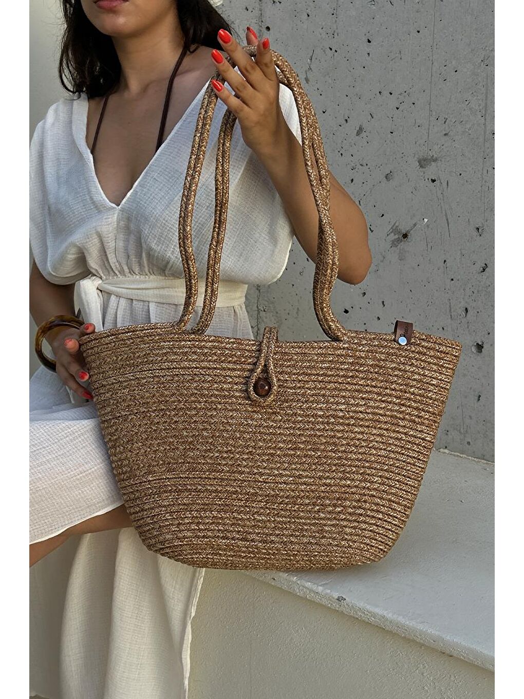 Bej Vossa Handmade Düğmeli Hasır Omuz Çantası Vizon-6