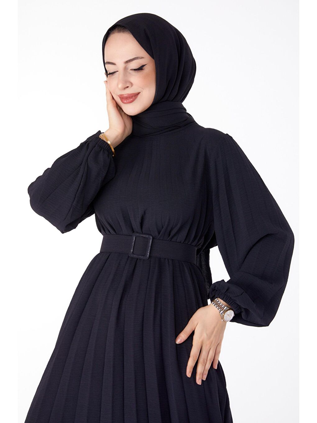 Bisiklet Yaka Kadın Siyah Piliseli Tesettür Elbise- 25381-1
