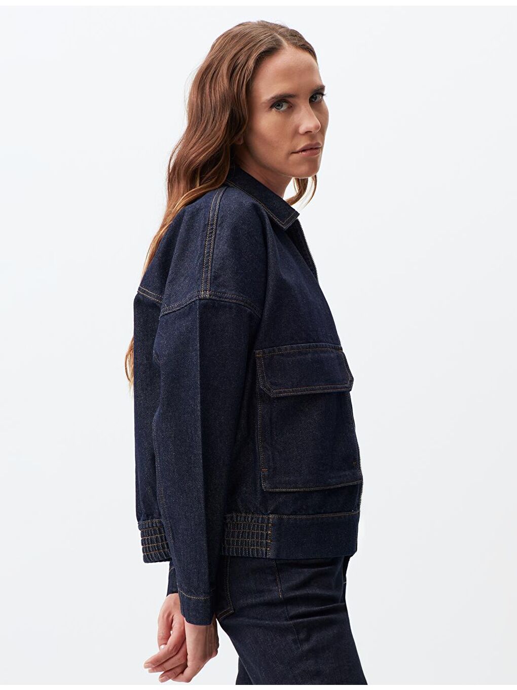 Koyu İndigo Mavi Polo Yaka Uzun Kollu Jean Ceket-1