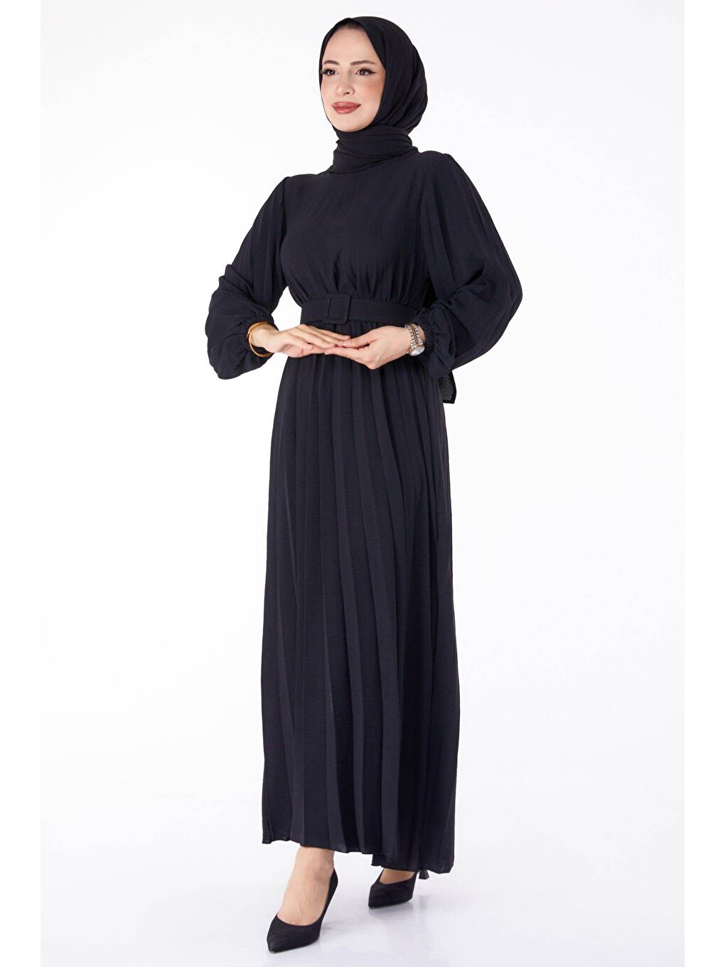 Bisiklet Yaka Kadın Siyah Piliseli Tesettür Elbise- 25381-2