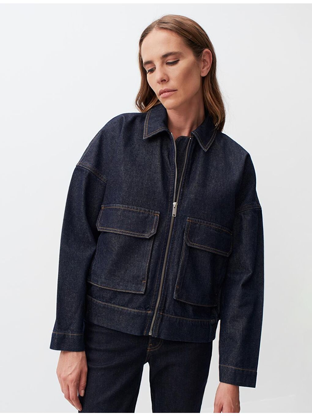 Koyu İndigo Mavi Polo Yaka Uzun Kollu Jean Ceket-2