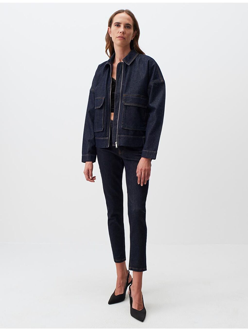 Koyu İndigo Mavi Polo Yaka Uzun Kollu Jean Ceket-3