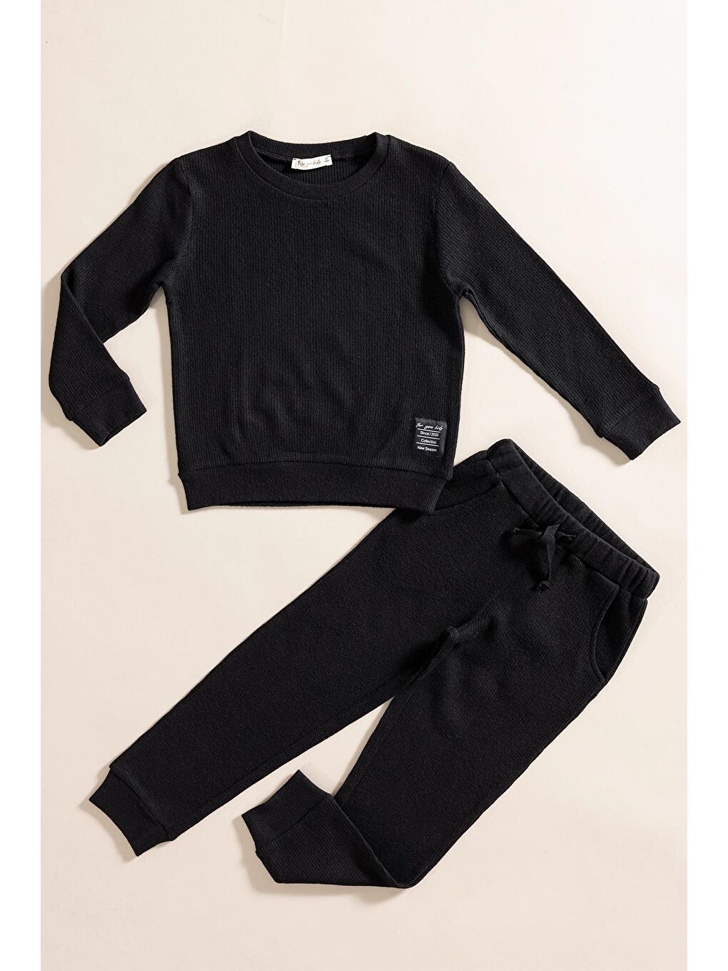 For You Kids 2'li Pamuk Waffle Sweat Jogger Siyah Alt Üst Takım