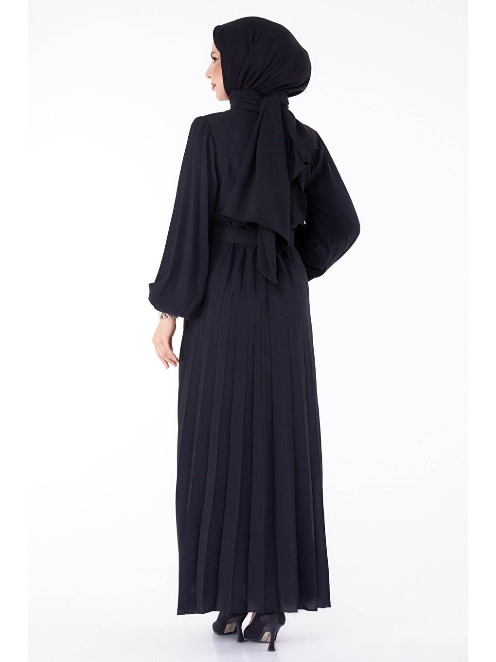 Bisiklet Yaka Kadın Siyah Piliseli Tesettür Elbise- 25381-4
