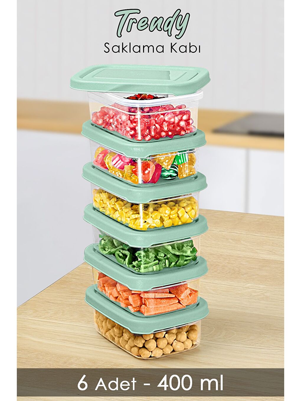 6 Adet Dikdörtgen Erzak Saklama Kabı 400 ml Yeşil