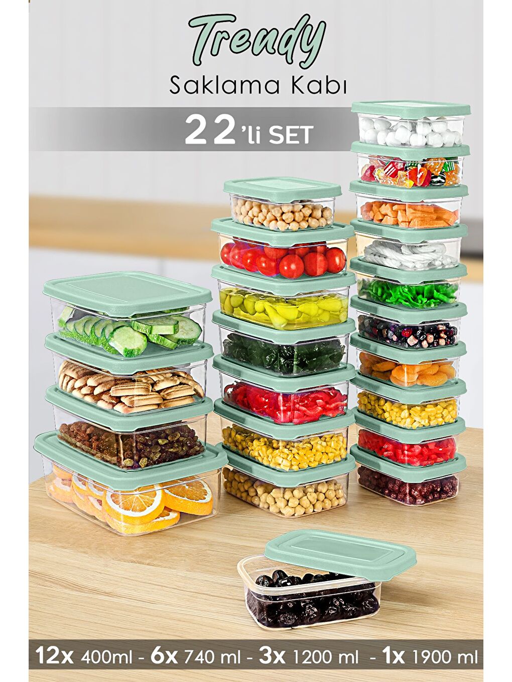 22'li Dikdörtgen Erzak Saklama Kabı Seti Erzak Kabı Yeşil