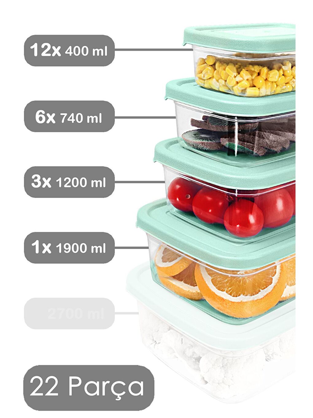 22'li Dikdörtgen Erzak Saklama Kabı Seti Erzak Kabı Yeşil-1