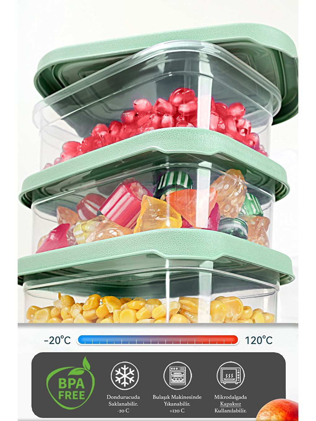 22'li Dikdörtgen Erzak Saklama Kabı Seti Erzak Kabı Yeşil-2