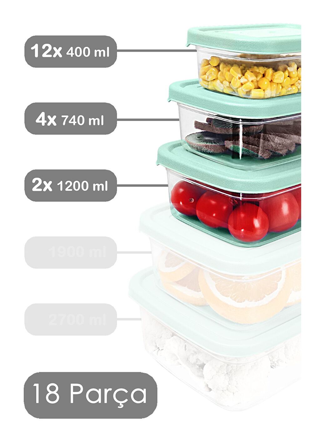 18 li Dikdörtgen Erzak Saklama Kabı Seti Erzak Kabı Yeşil-1