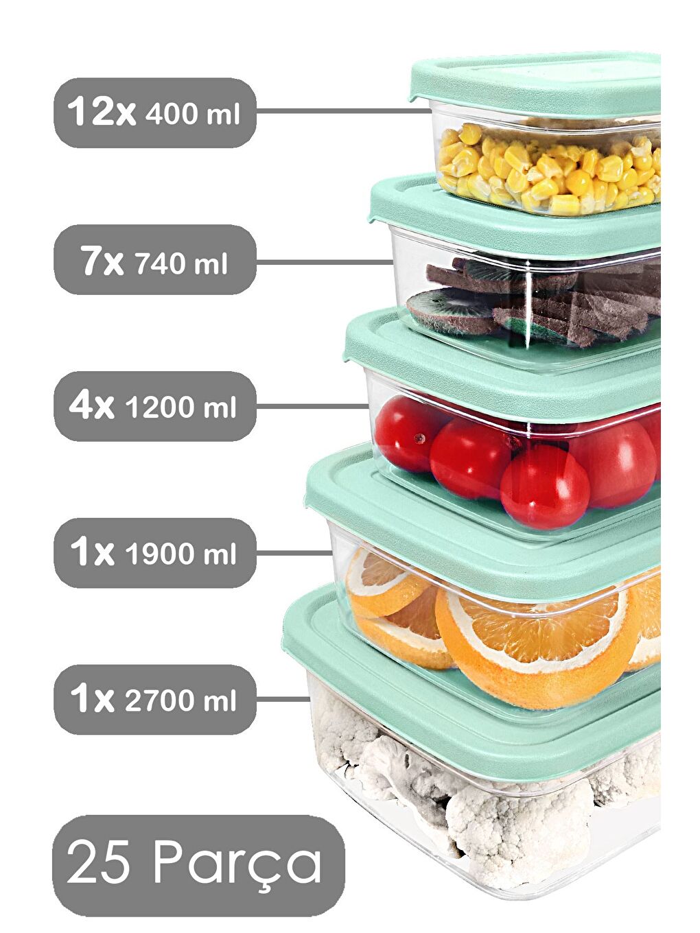 25'li Dikdörtgen Erzak Saklama Kabı Seti Erzak Kabı Yeşil-1