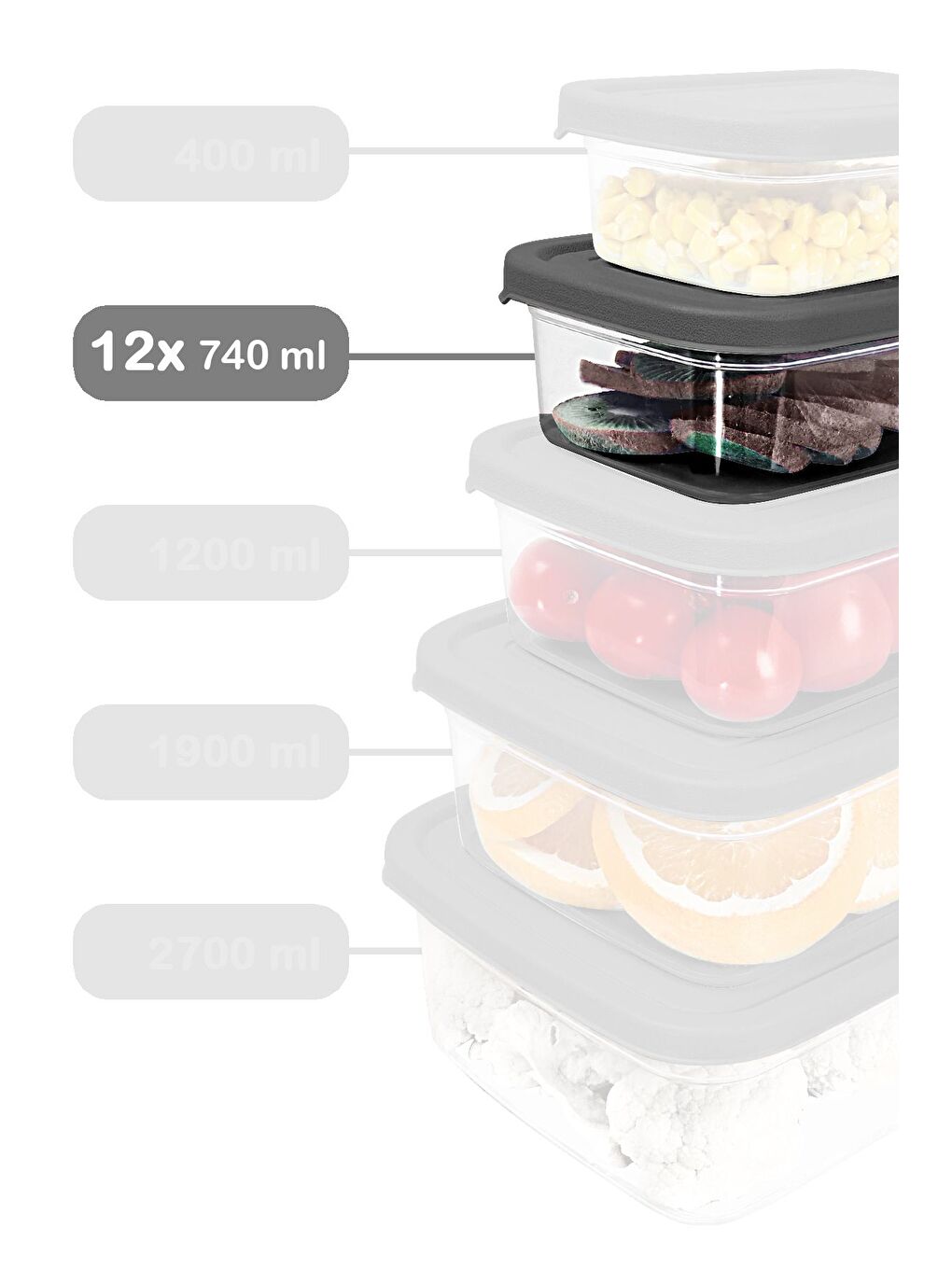 12 Adet Dikdörtgen Erzak Saklama Kabı 740 ml Gri-1