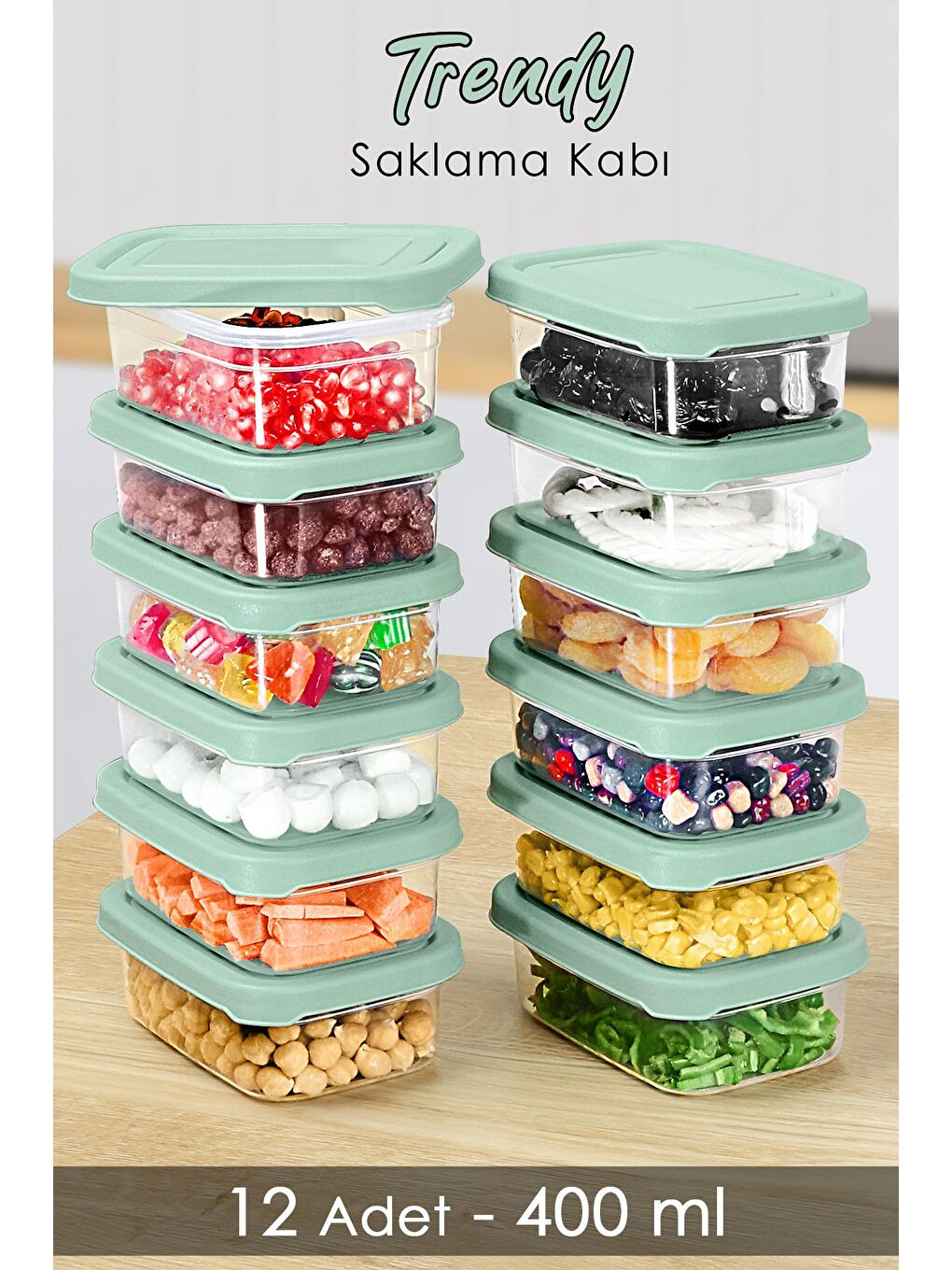 12 Adet Dikdörtgen Erzak Saklama Kabı 400 ml Yeşil