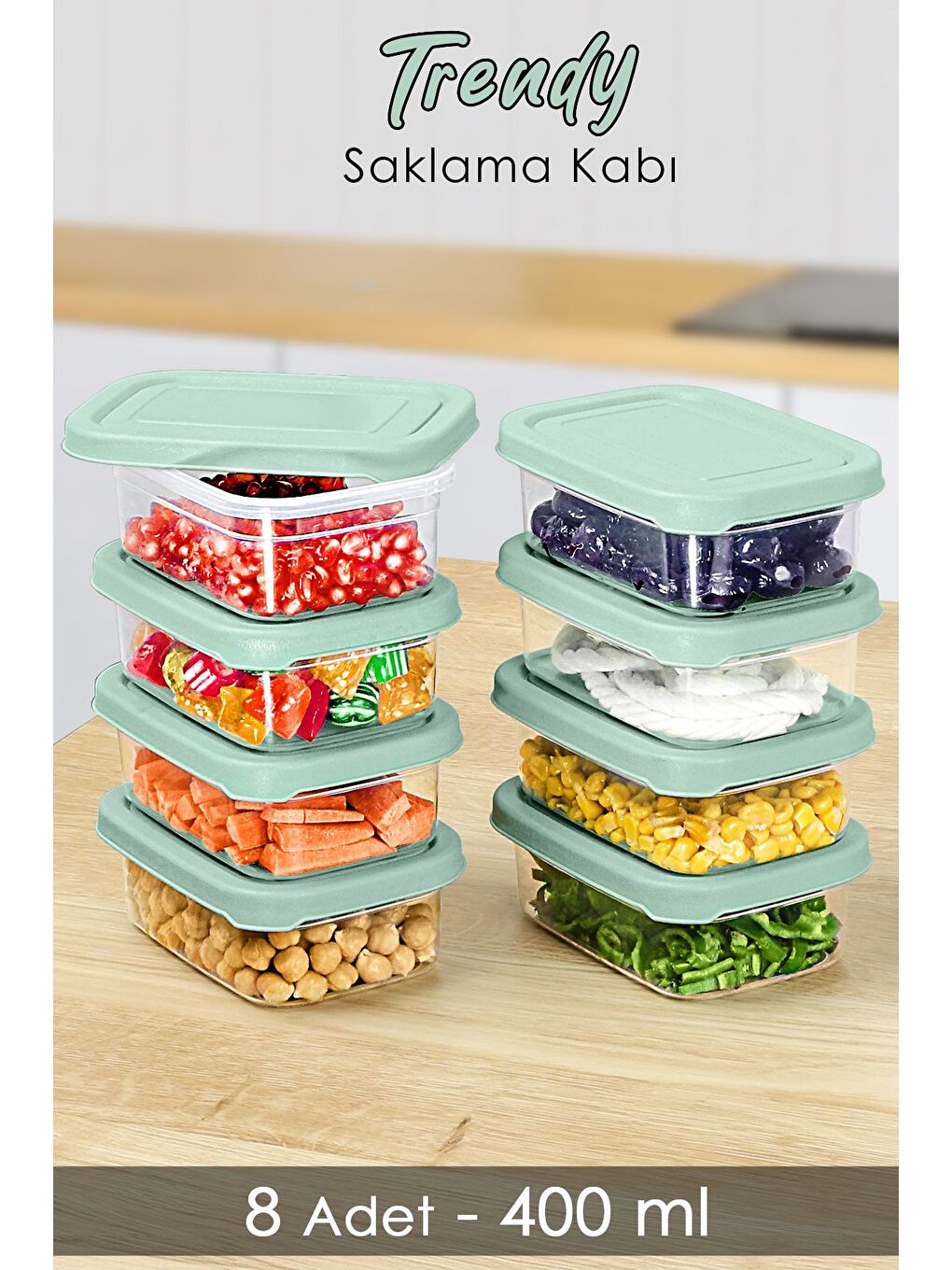 8 Adet Dikdörtgen Erzak Saklama Kabı 400 ml Yeşil