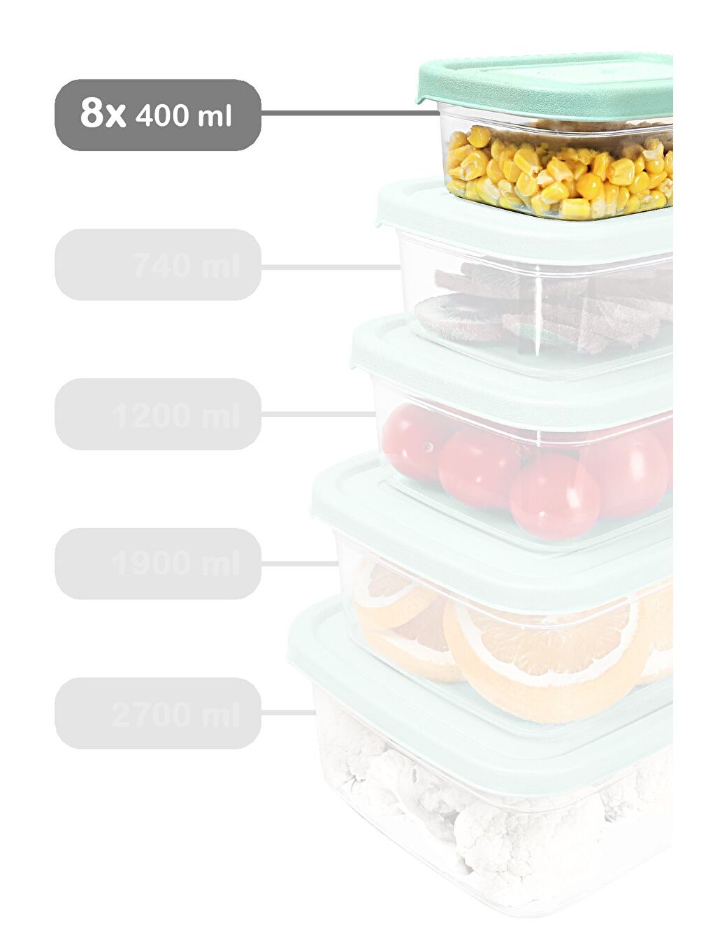 8 Adet Dikdörtgen Erzak Saklama Kabı 400 ml Yeşil-1