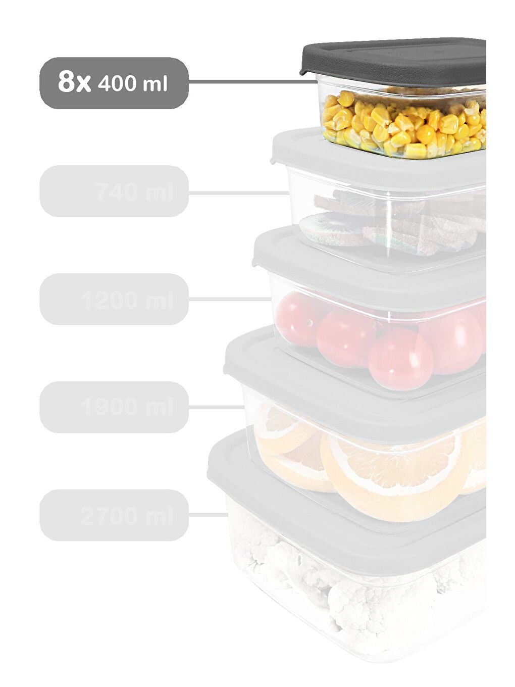 8 Adet Dikdörtgen Erzak Saklama Kabı 400 ml Gri-1