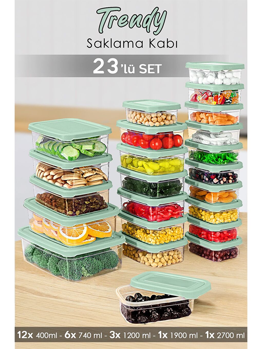 23'lü Dikdörtgen Erzak Saklama Kabı Seti Erzak Kabı Yeşil