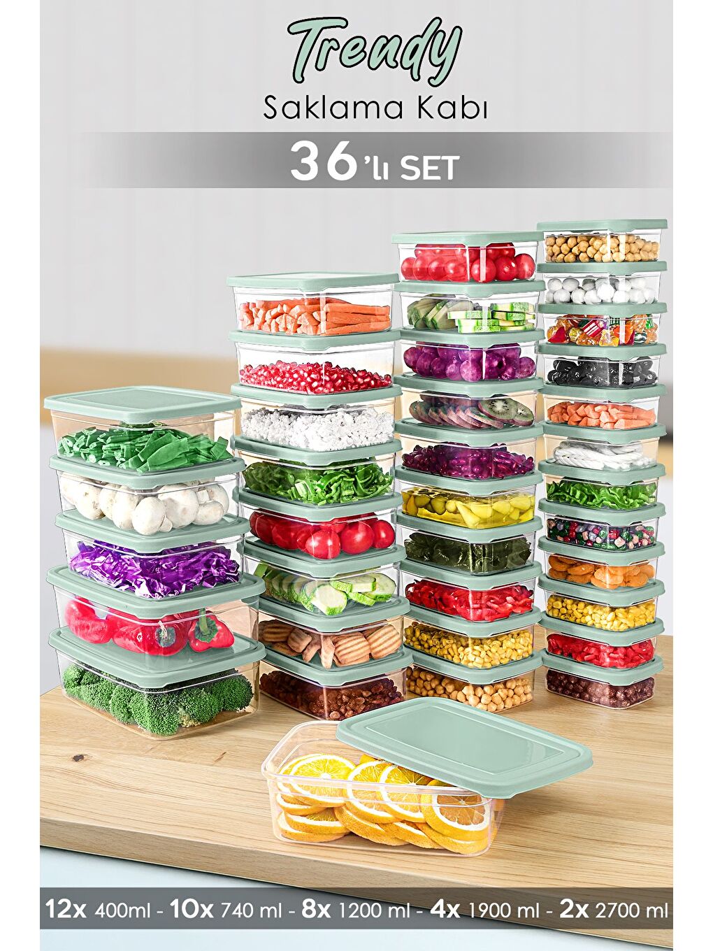 36'lı Dikdörtgen Erzak Saklama Kabı Seti Erzak Kabı Yeşil