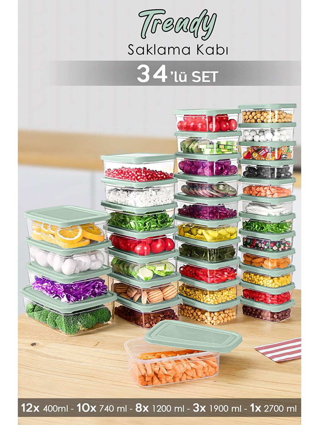 34'lü Dikdörtgen Erzak Saklama Kabı Seti Erzak Kabı Yeşil