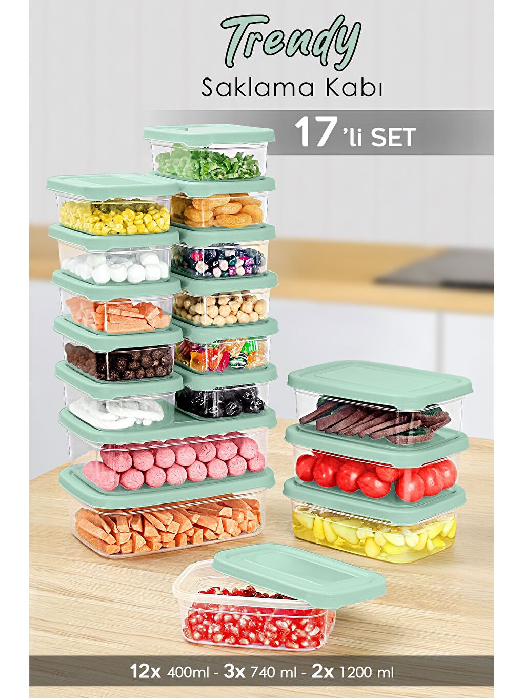 17 li Dikdörtgen Erzak Saklama Kabı Seti Erzak Kabı Yeşil