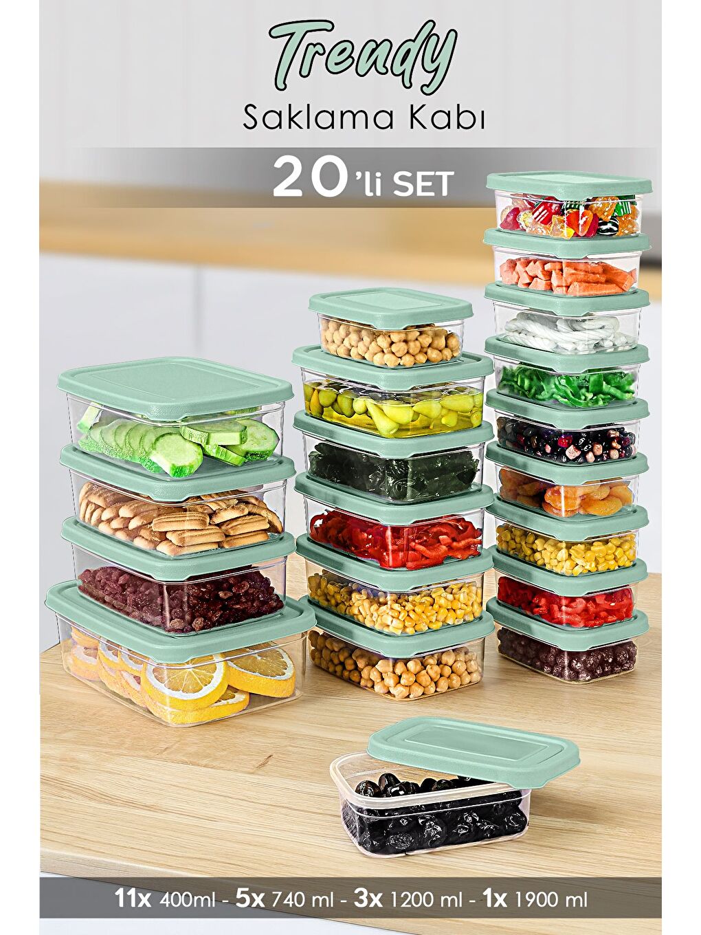 20 li Dikdörtgen Erzak Saklama Kabı Seti Erzak Kabı Yeşil