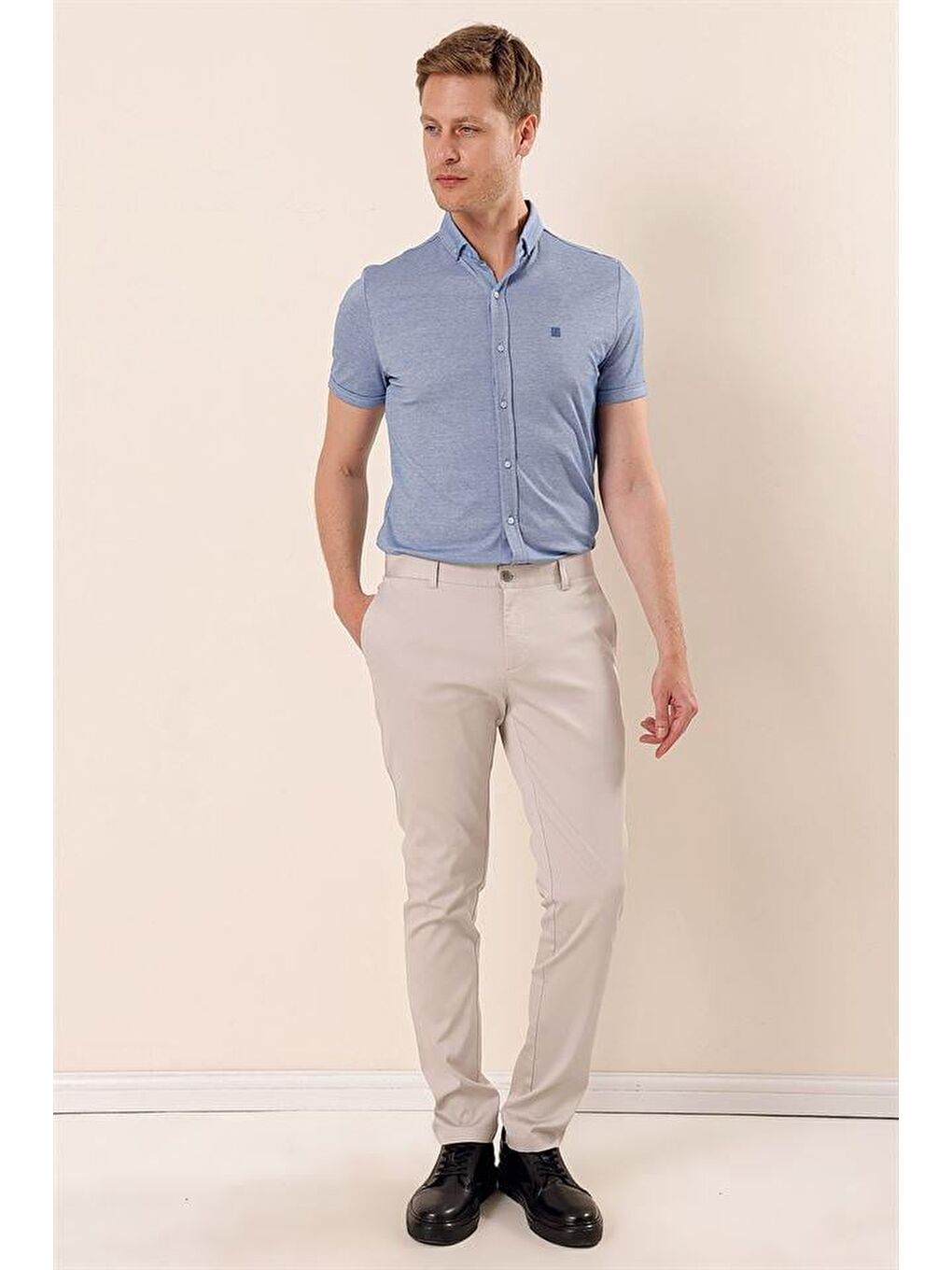 Bej Taş Rengi Pamuklu Yandan Cepli Casual Slim Fit Chino Pantolon 1003230103-1