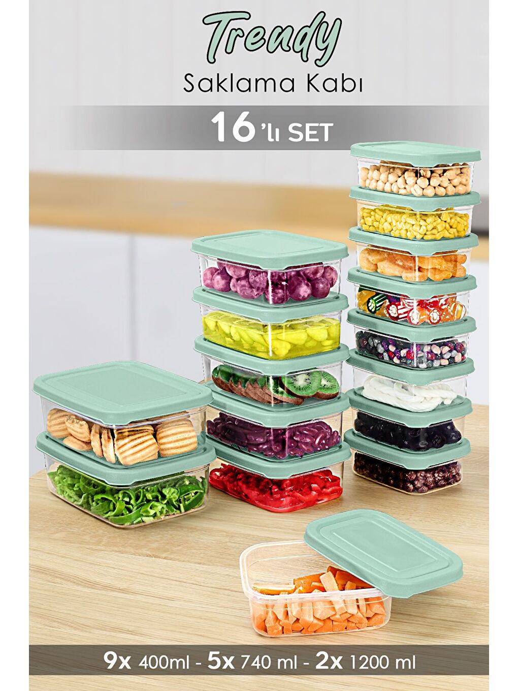 16'lı Dikdörtgen Erzak Saklama Kabı Seti Erzak Kabı Yeşil