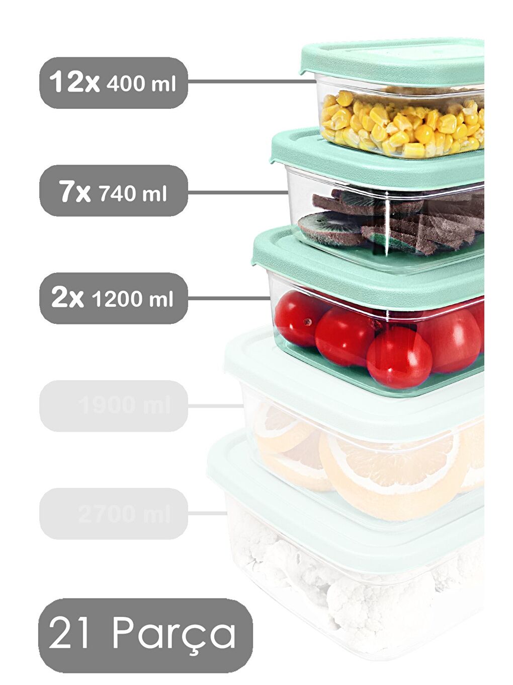 21 li Dikdörtgen Erzak Saklama Kabı Seti Erzak Kabı Yeşil-1