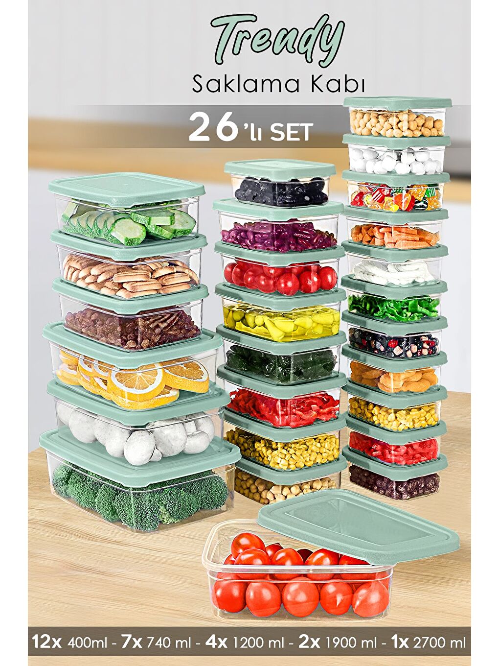 26'lı Dikdörtgen Erzak Saklama Kabı Seti Erzak Kabı Yeşil
