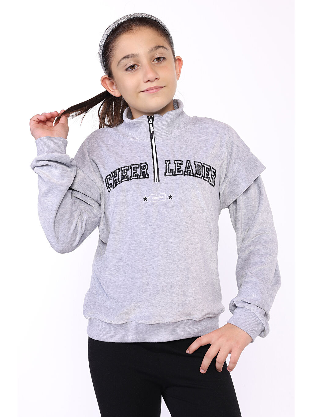 Toontoykids Gri Kız Çocuk Fermuar Detaylı Nakışlı Kadife Sweatshirt