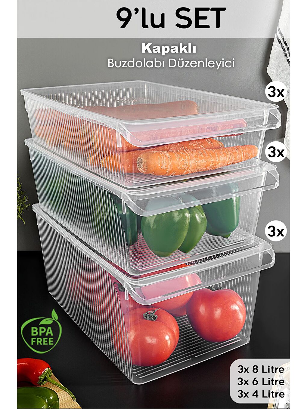 Renksiz 9'lu Kapaklı Buzdolabı Düzenleyici Set Meyve Sebze Saklama Kabı Dolap İçi Organizer 3x 4 6 8 lt