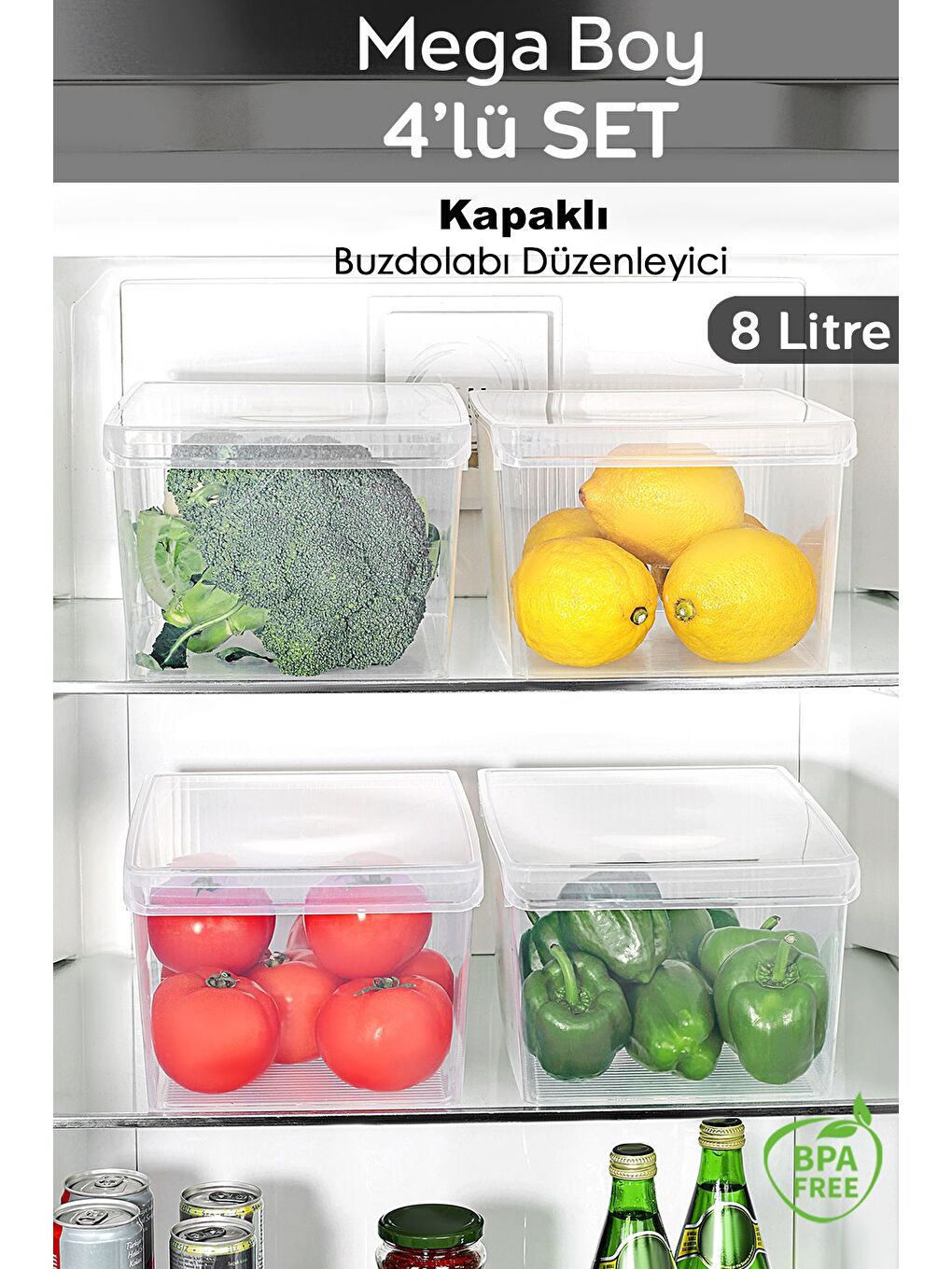 Renksiz 4 Adet Kapaklı Dolap İçi Buzdolabı Düzenleyici Organizer Sepet Meyve Sebze Saklama Kabı 8 lt