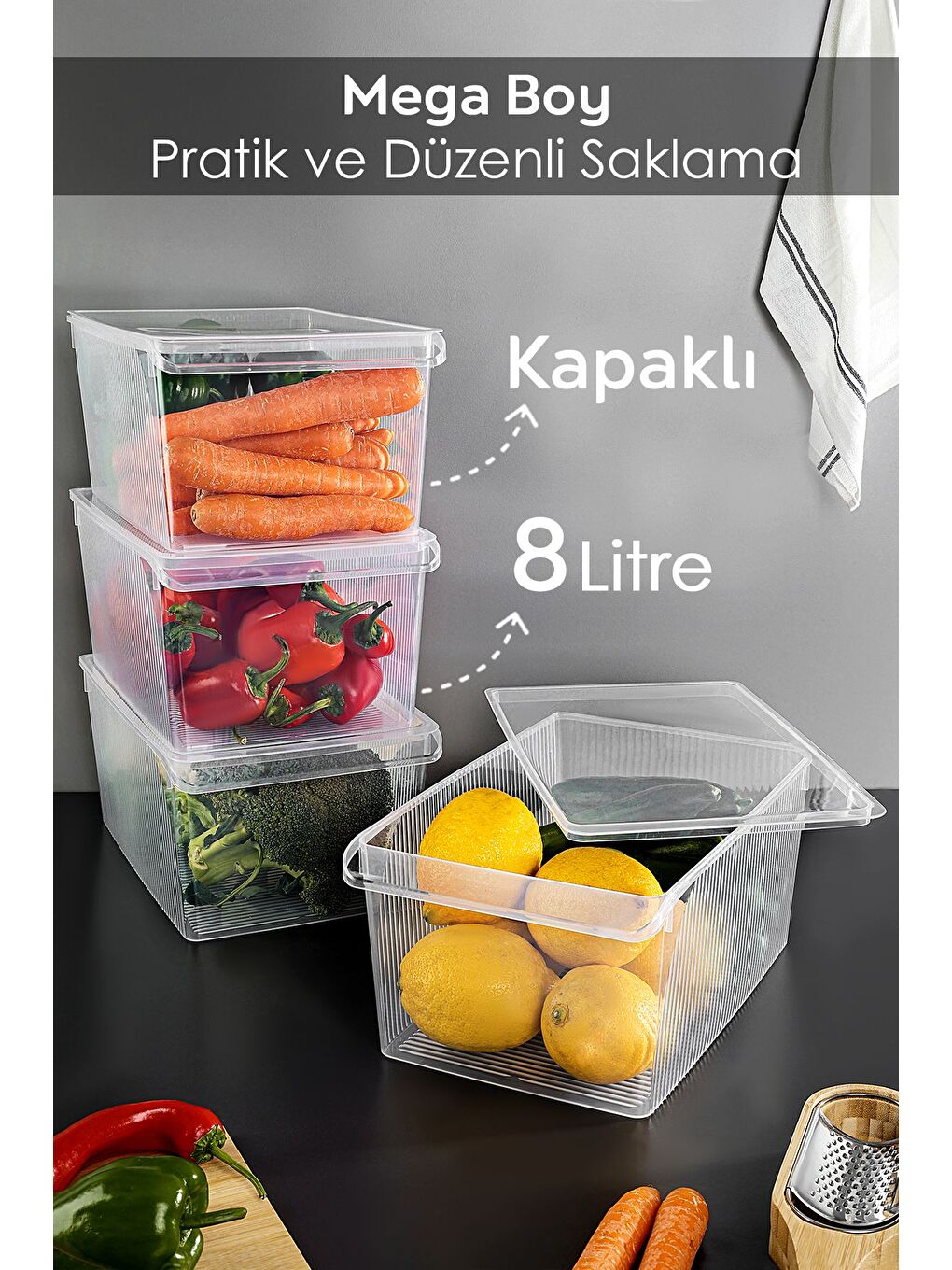 Renksiz 4 Adet Kapaklı Dolap İçi Buzdolabı Düzenleyici Organizer Sepet Meyve Sebze Saklama Kabı 8 lt-1