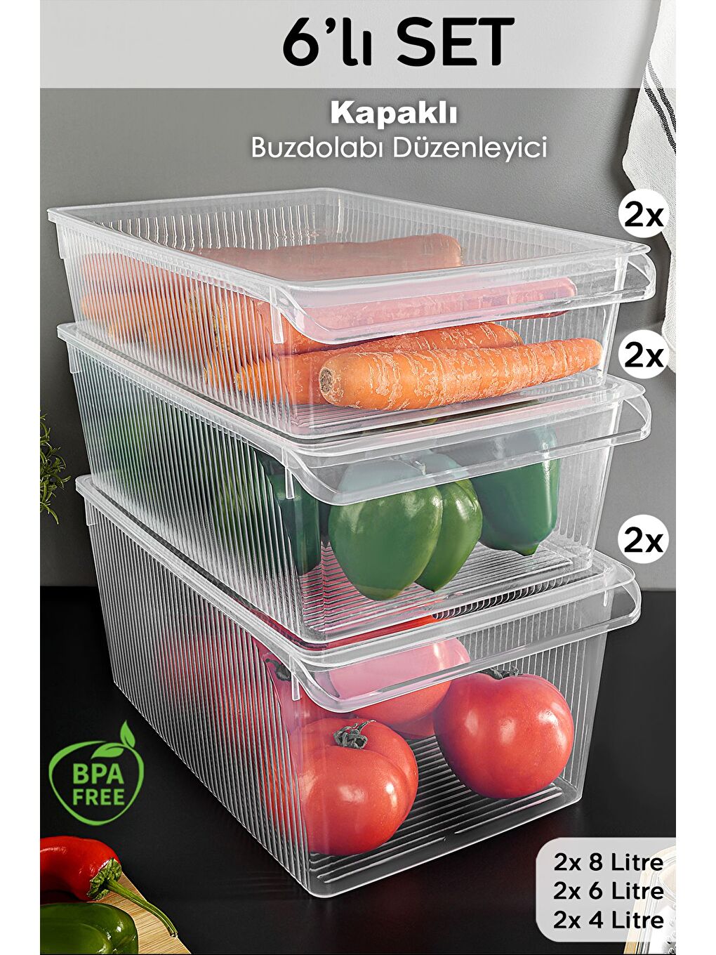 Renksiz 6'lı Kapaklı Saklama Kabı Seti Organizer Düzenleyici Meyve Sebze Erzak Kabı 2x 4 6 8 Litre