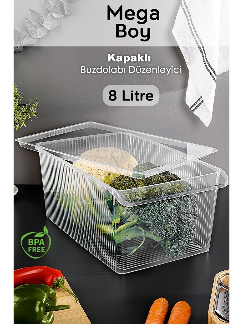 Renksiz 1 Adet Kapaklı Dolap İçi Buzdolabı Düzenleyici Mega Boy Organizer Meyve Sebze Saklama Kabı 8 lt