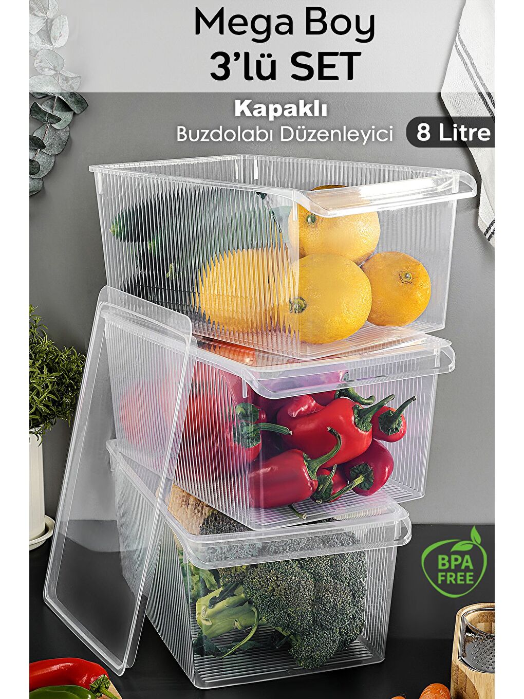 Renksiz 3 Adet Kapaklı Saklama Kabı 8 Litre