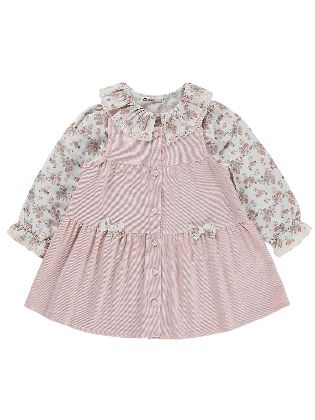 Pembe Girls Önü Düğmeli 2-5 Yaş Elbise - Pudra-2