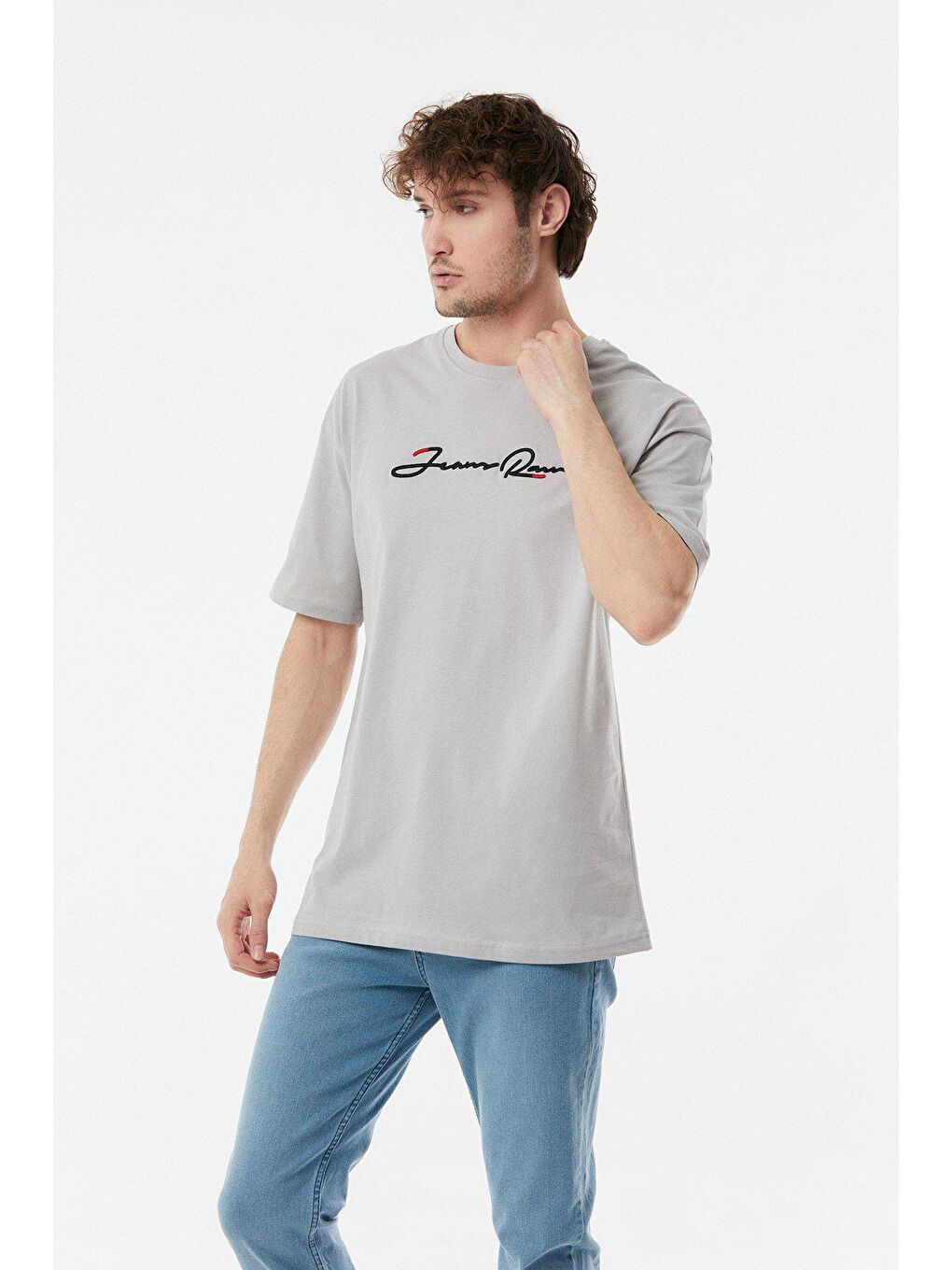 Gri Nakışlı Bisiklet Yaka Oversize Tişört