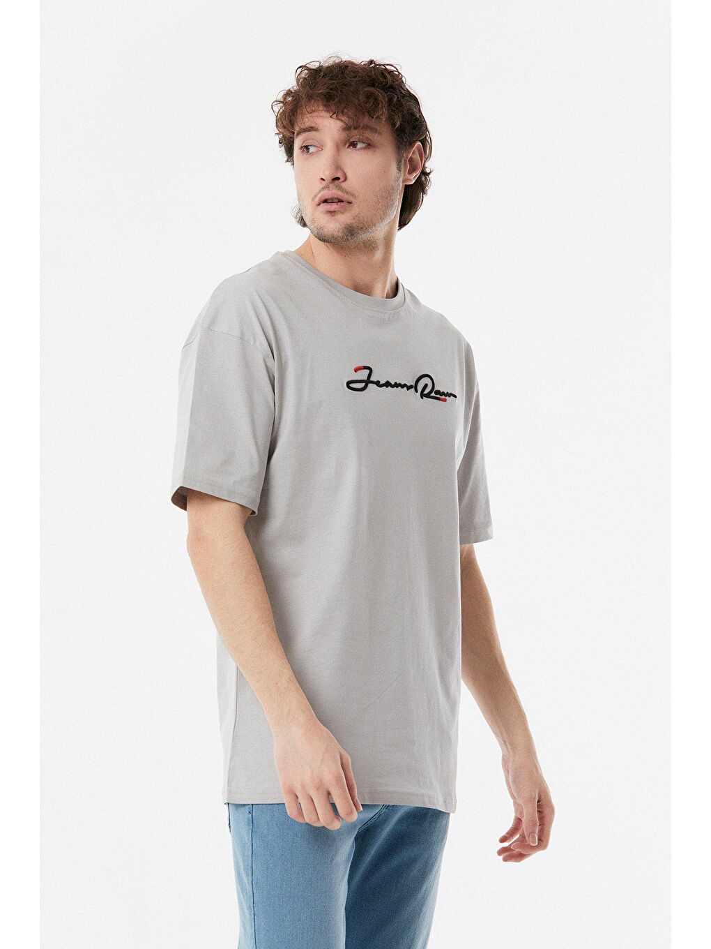 Gri Nakışlı Bisiklet Yaka Oversize Tişört-2