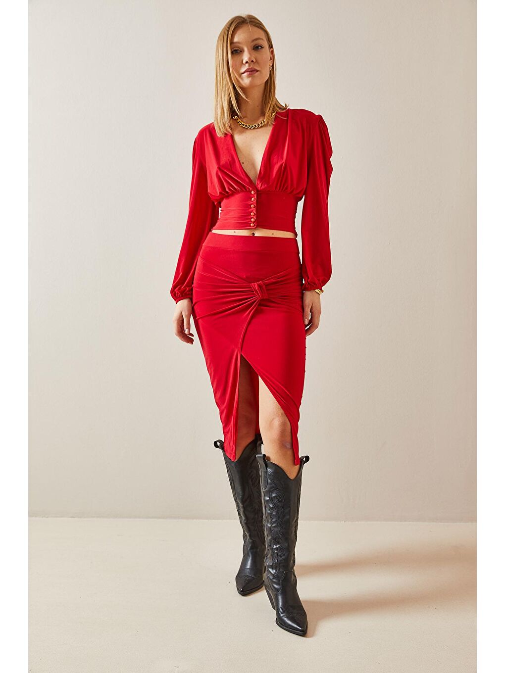 Kırmızı Fiyonk Detaylı Yırtmaçlı Midi Etek 4KXK7-47787-04-1