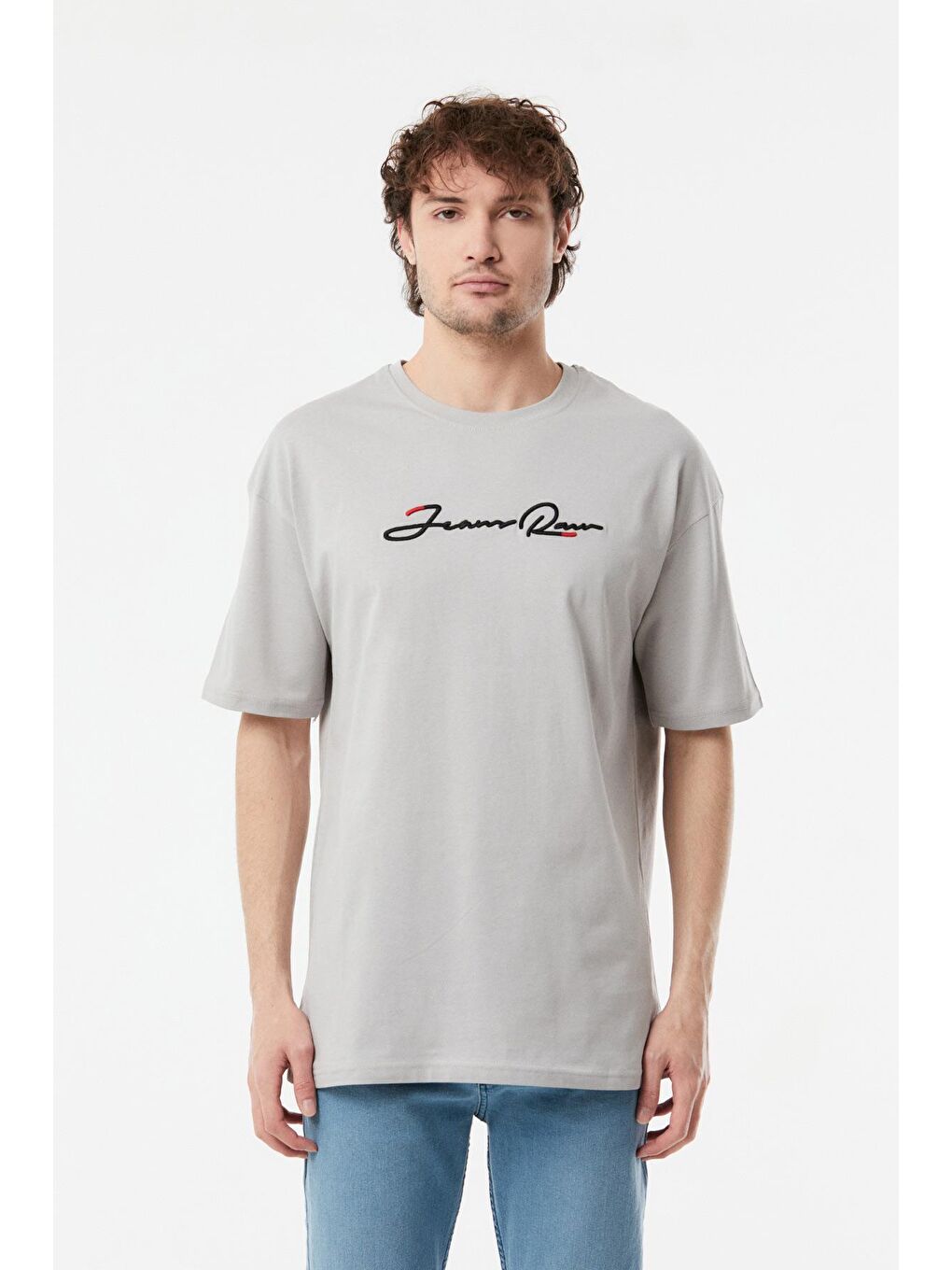 Gri Nakışlı Bisiklet Yaka Oversize Tişört-4