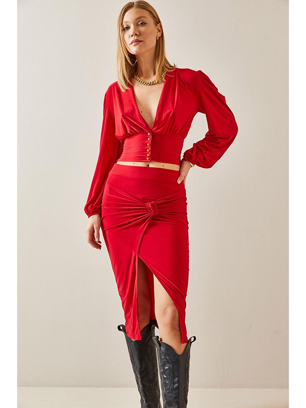 Kırmızı Fiyonk Detaylı Yırtmaçlı Midi Etek 4KXK7-47787-04-2