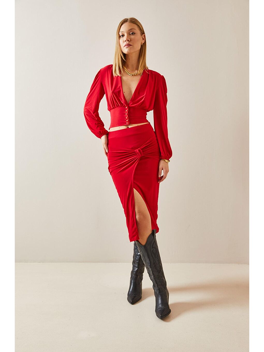 Kırmızı Fiyonk Detaylı Yırtmaçlı Midi Etek 4KXK7-47787-04-3