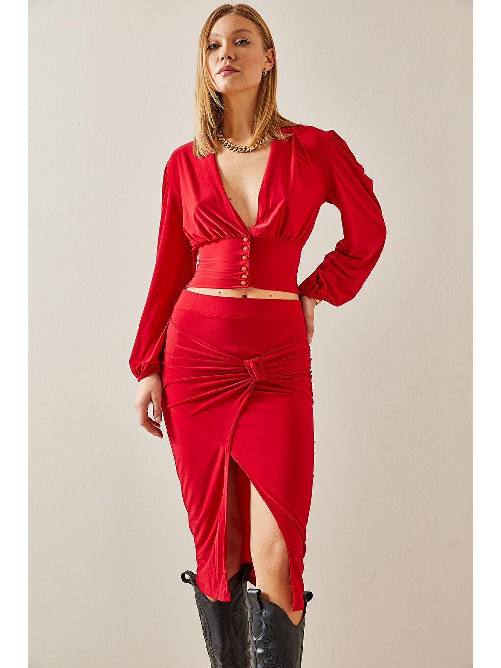 Kırmızı Fiyonk Detaylı Yırtmaçlı Midi Etek 4KXK7-47787-04-4