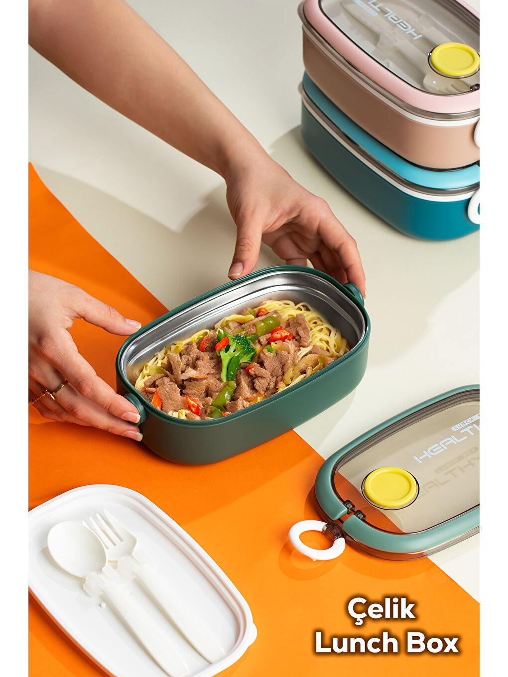 Posima 3114-2 Vakumlu Lunch Box Çelik Kolay Kilitlenir Kendinden Kaşıklı Sefer Tası – 750ml Yeşil-1