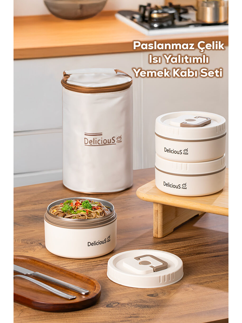 Ekru 3112 Isı Yalıtımlı Çanta Çelik 3 Parça Vakumlu Yemek Termosu Beslenme Kutusu Lunch Box