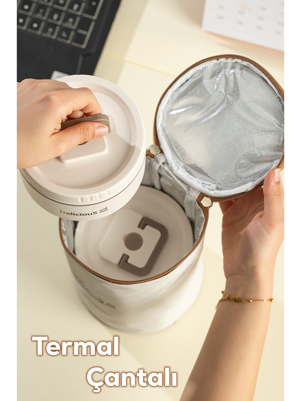 Ekru 3112 Isı Yalıtımlı Çanta Çelik 3 Parça Vakumlu Yemek Termosu Beslenme Kutusu Lunch Box-1