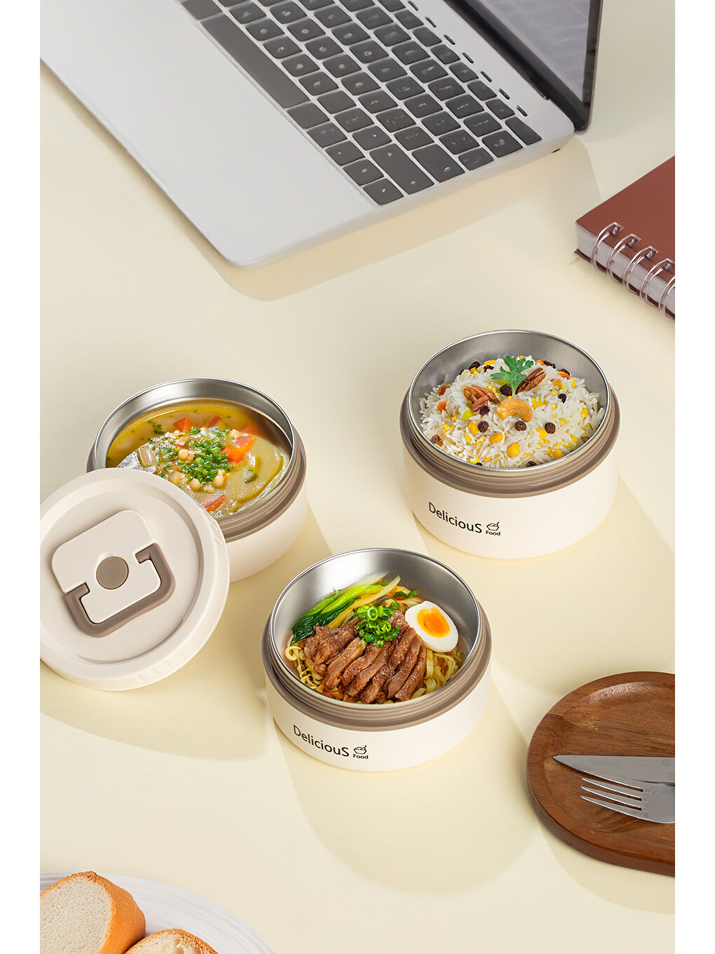 Ekru 3112 Isı Yalıtımlı Çanta Çelik 3 Parça Vakumlu Yemek Termosu Beslenme Kutusu Lunch Box-2